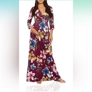 Mother Bee maternity V-Neck 3/4 Sleeve Rushed Waist Dress